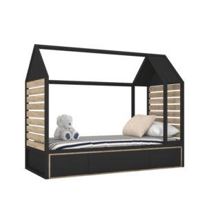 Łóżko dziecięce w kształcie domku. Tutu w kolorze czarny + dąb sonoma