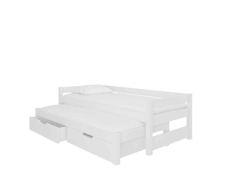 Łóżko podwójne. Rega z wysuwanym dodatkowym materacem i szufladami białe + kolor dodatkowy