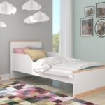 Łóżko dziecięce. Trolli 90x200 cm z dwiema szufladami w kolorze białym + drewniane akcenty