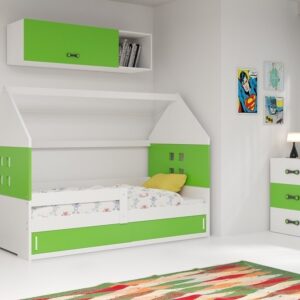 Wygodne łóżko dziecięce. Domek 80x160 cm z materacem w kolorze biały + zielony