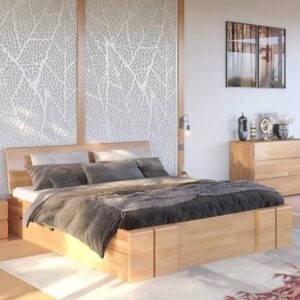 Drewniane łóżko. Camisole z szufladami naturalne drewno