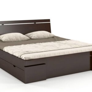 Drewniane łóżko. Tracja z szufladami w kolorze palisander