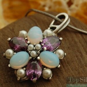 PAWIE OKO - srebrny wisiorek perły ametysty opale