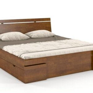 Drewniane łóżko. Tracja z szufladami w kolorze orzech