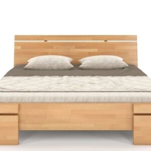Drewniane łóżko. Tracja ze stelażem i pojemnikiem na pościel w kolorze naturalnym