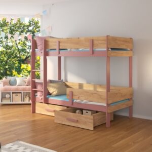 Piętrowe łóżko z szufladami na pościel. Etiona 90x200 cm w kolorze różowy + dąb złoty