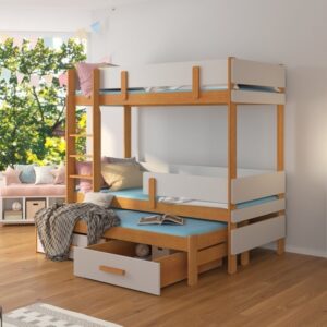 Piętrowe łóżko. Etapo z dodatkowym wysuwanym łóżkiem i szufladami w kolorze olcha + jasnoszary