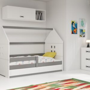Wygodne łóżko dziecięce. Domek 80x160 cm z materacem w kolorze biały + szary