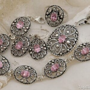 MARGE - srebrny komplet z różowym kryształem