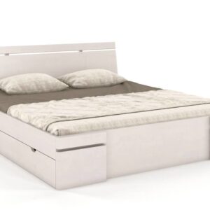 Drewniane łóżko. Tracja z szufladami w kolorze białym