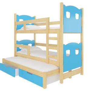 Łóżko piętrowe. Lucy z wysuwanym dodatkowym materacem dla trzech osób w kolorze sosna + kolor dodatkowy do wyboru
