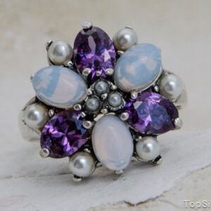 PAWIE OKO - srebrny pierścień perły ametysty opale