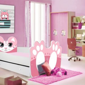 Łóżko dziecięce. Kitty biało-różowe z materacem i szufladą 140 cm