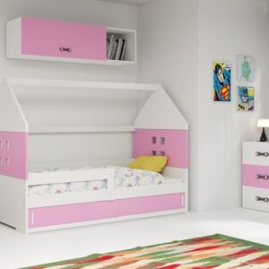 Wygodne łóżko dziecięce. Domek 80x160 cm z materacem w kolorze biały + różowy