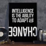 Intelligence is the ability to adapt to change - plakat w ramie, wymiary - 18cm x 24cm, wersja - białe napisy + czarne tło, kolor ramki - biały