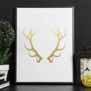 Rogi jelenia - plakat ze złotym nadrukiem, wymiary - 30cm x 40cm, kolor ramki - czarny, kolor nadruku - srebrny