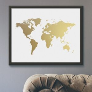 Mapa świata - plakat ze złotym nadrukiem, wymiary - 40cm x 50cm, kolor ramki - biały, kolor nadruku - srebrny