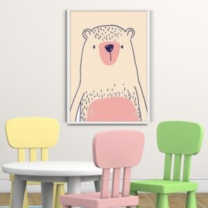 Różowy miś - plakat dziecięcy, wymiary - 60cm x 90cm, kolor ramki - biały