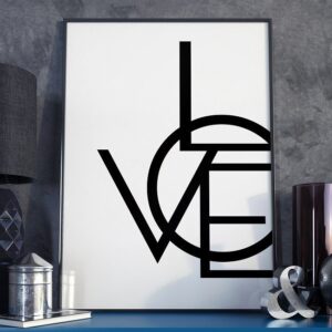 Modern love - plakat typograficzny w ramie, wymiary - 60cm x 90cm, wersja - czarne napisy + białe tło, kolor ramki - czarny