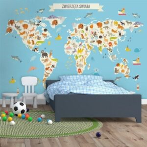 Mapa zwierzęta świata - tapeta ścienna, rodzaj - tapeta flizelinowa
