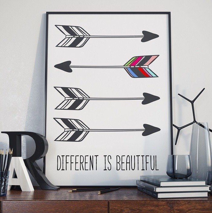 Different is beautiful – plakat typograficzny, wymiary – 70cm x 100cm, ramka – biała