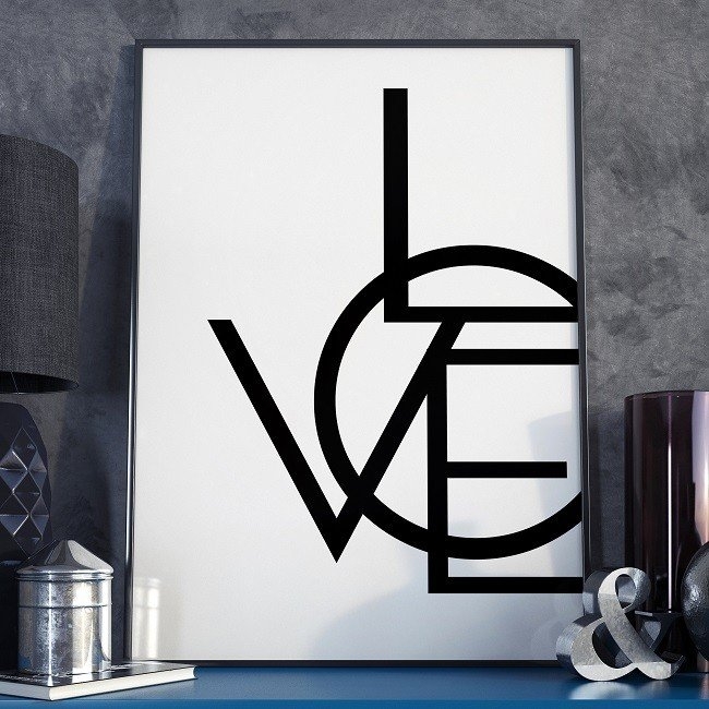 Modern love – plakat typograficzny w ramie, wymiary – 40cm x 50cm, wersja – białe napisy + czarne tło, kolor ramki – biały