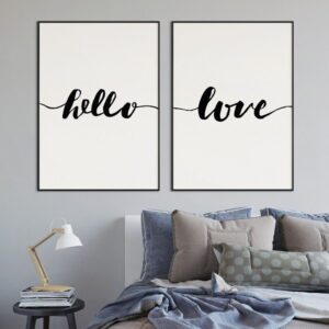 Hello & love - komplet plakatów w ramach, wymiary - 18cm x 24cm (2 sztuki), kolor ramki - biały