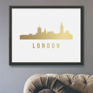 Panorama londynu - plakat ze złotym nadrukiem, wymiary - 40cm x 50cm, kolor ramki - czarny, kolor nadruku - srebrny