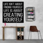 Life is about creating yourself. - obraz typograficzny, wymiary - 30cm x 30cm, wersja - białe napisy + czarne tło