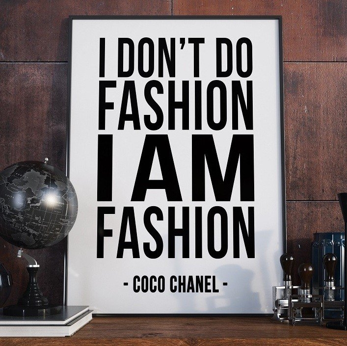 I don’t do fashion i’m fashion coco chanel – plakat typograficzny, wymiary – 40cm x 50cm, ramka – czarna