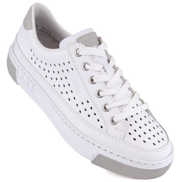 Skórzane komfortowe buty damskie sportowe ażurowe białe. Rieker. L8849-80