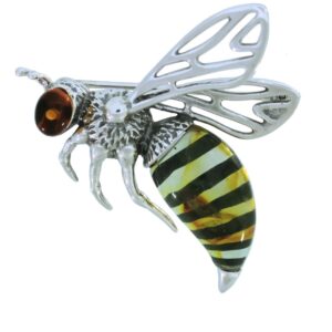 Broszka srebrna z bursztynem - pszczoła