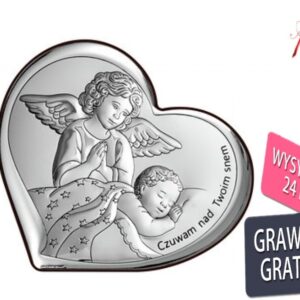 Obrazek srebrny aniołek czuwający nad dzieciątkiem 11*10 cm