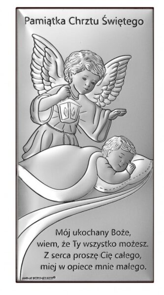 Obrazek srebrny aniołek z latarenką pamiątka chrztu z modlitwą 9*18 cm