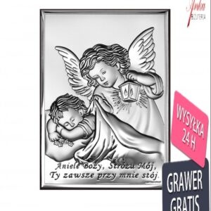Srebrny obrazek aniołek z latarenką nad dzieckiem 6* 9 cm "aniele boży.."