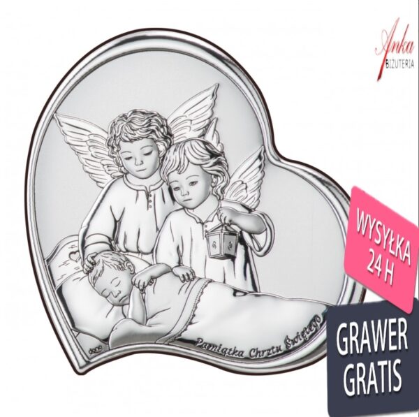 Obrazek srebrny aniołek nad dzieciątkiem 11 *11 cm – pamiątka chrztu św.