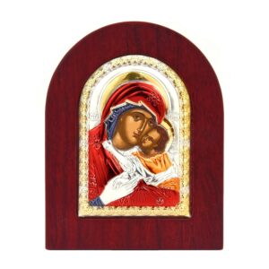 Ikona srebrna. Maryja z. Dzieciątkiem w drewnie