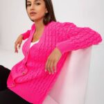 Sweter rozpinany fluo różowy casual ażurowy dekolt w kształcie. V rękaw długi guziki