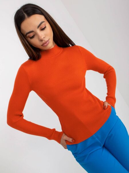 Sweter z golfem pomarańczowy casual golf dekolt półgolf rękaw długi materiał prążkowany