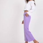 Spodnie z materiału jasny fioletowy elegancki wide leg nogawka szeroka guziki w kant kieszenie suwak