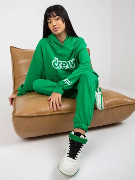 Komplet dresowy zielony casual bluza i spodnie kaptur rękaw długi nogawka ze ściągaczem długość długa