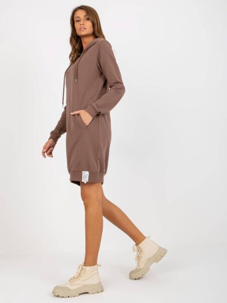 Tunika sportowa / dresowa brązowy sukienka kaptur rękaw długi długość przed kolano kieszenie