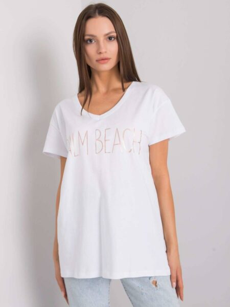 T-shirt jednokolorowy biały dekolt w kształcie. V rękaw krótki