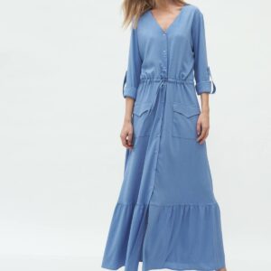 Długa niebieska sukienka z kieszeniami