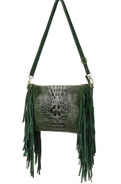 Ciemno- zielona damska włoska skórzana torebka frędzel pozioma zielony
