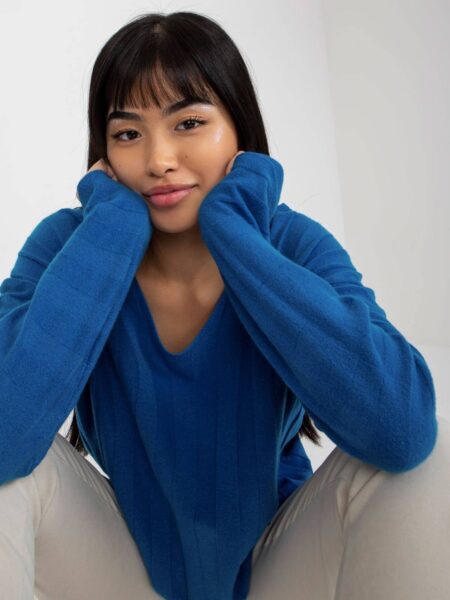Sweter klasyczny ciemny niebieski casual dekolt w kształcie. V rękaw długi materiał prążkowany