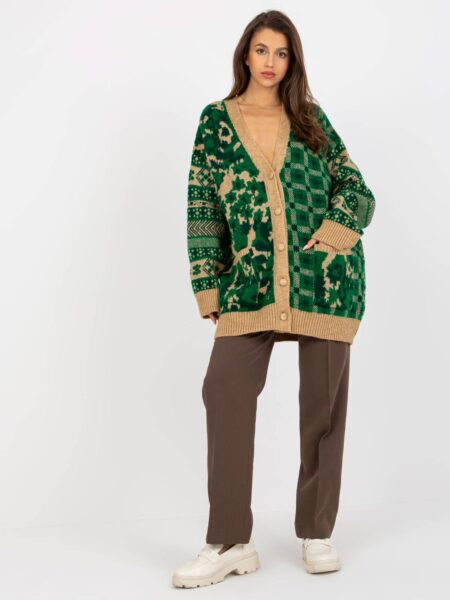 Sweter rozpinany zielony casual dekolt w kształcie. V rękaw długi długość długa kieszenie guziki