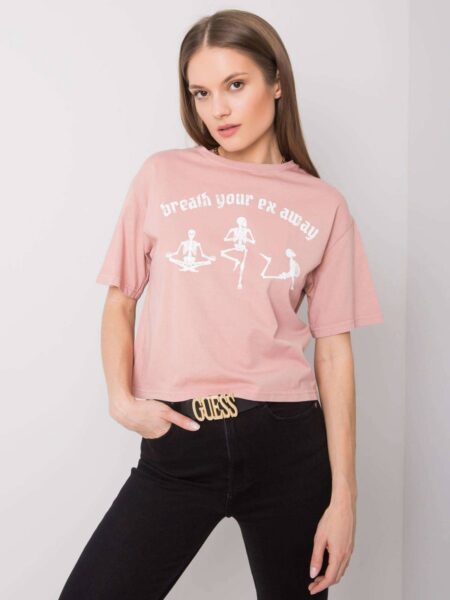 T-shirt z nadrukiem jasny różowy dekolt okrągły