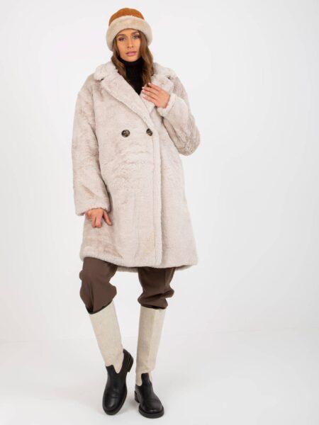 Płaszcz jasny beżowy casual zimowy rękaw długi długość przed kolano podszewka kieszenie dwurzędowy guziki dwurzędowe