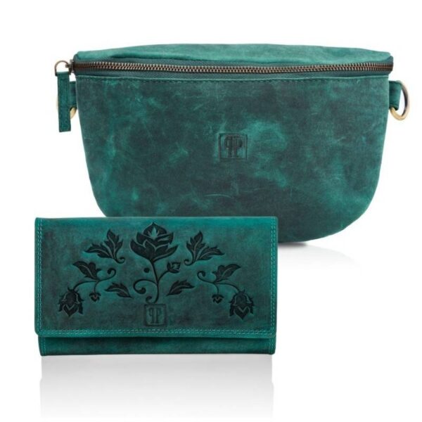 Zestaw portfel i skórzana saszetka damska elegancki włoski zielony
